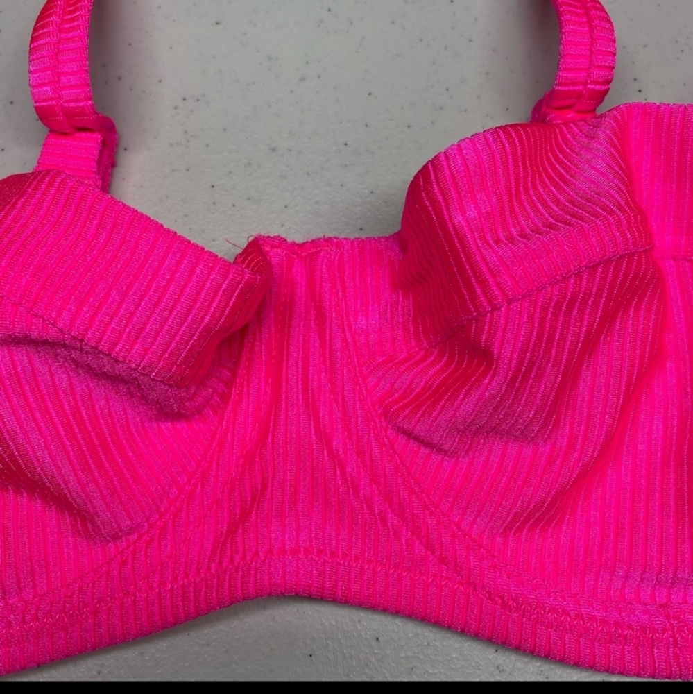 Aerie Ribbed Underwire Bikini Top Neon Pink New 34DD.